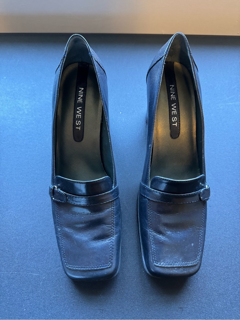 Nine West Black Square-Toe Leather Loafers with Heel